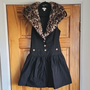 Maeve Black Mini Dress with Removeable Leopard Faux Fur Trim